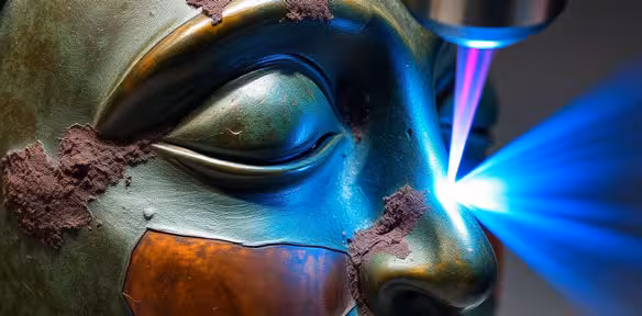 Historical bronze artifact before and after laser cleaning